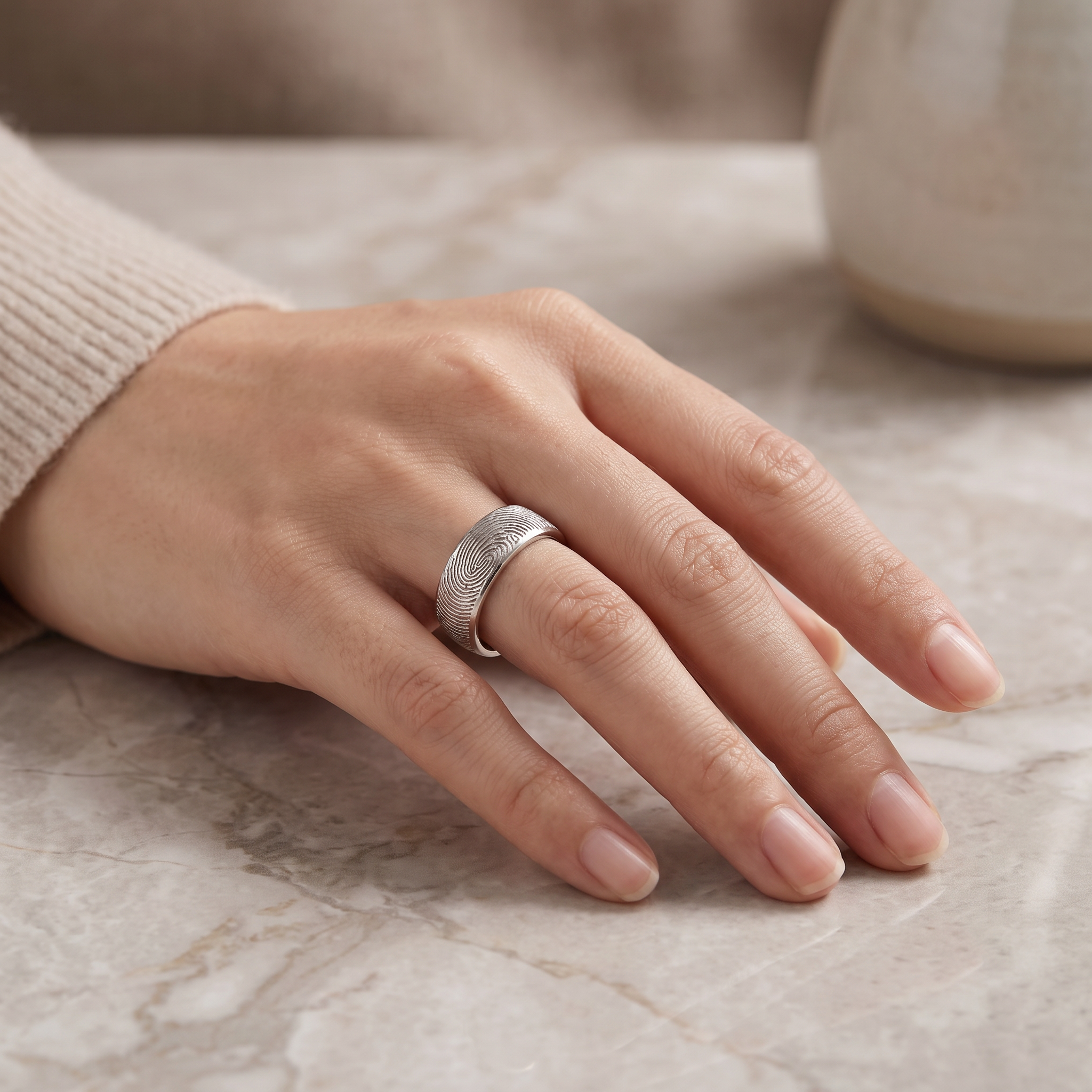 Wide Fingerprint Band Ring – Silver