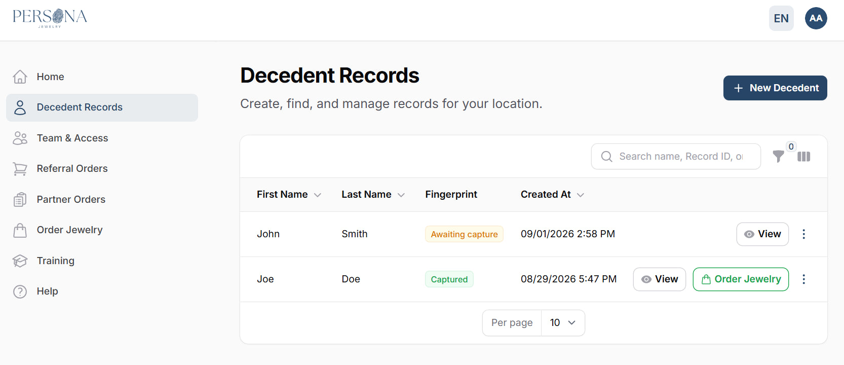 The Persona Partner Portal showing Decedent Records with two demonstration records: one awaiting fingerprint capture and one captured, with an Order Jewelry button.