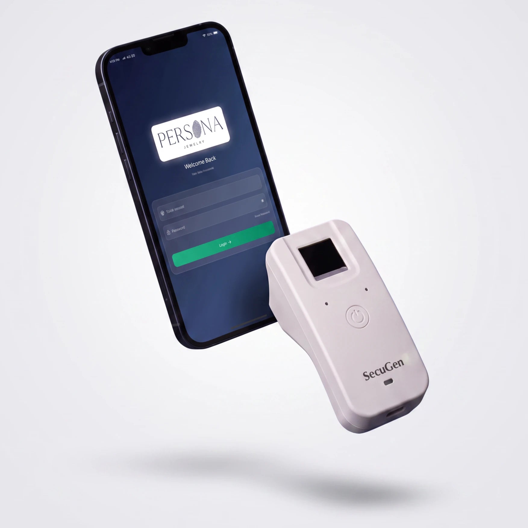 The Persona iOS app open on an iPhone next to a handheld Bluetooth fingerprint scanner.